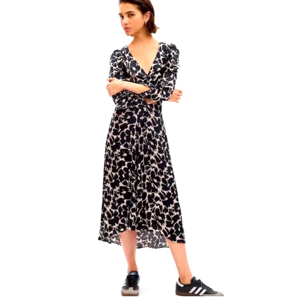 Gap Ruched Satin Midi Dress • Black Floral • Medium Tall • NWT